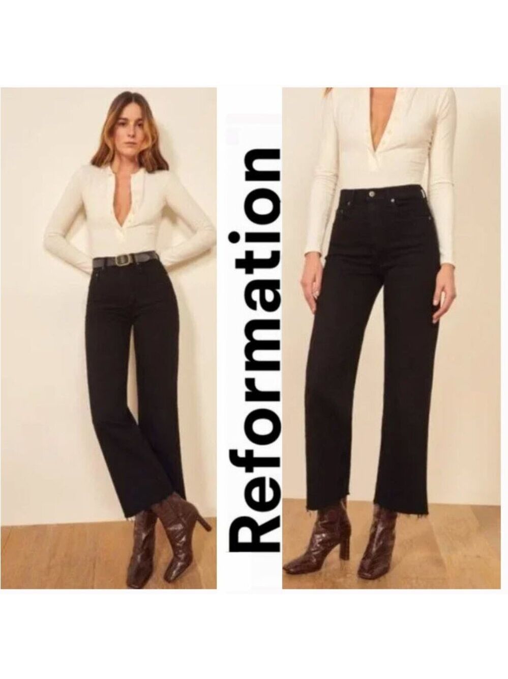 Reformation Emma High Rise Wide Leg Jeans Black Raw Hem 24 Designer Coquette